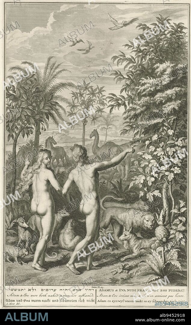 Adam and Eve in Paradise, Joseph Mulder, after Gerard Hoet (I), 1720 - 1728, Adam and Eve walking hand in hand through paradise. All kinds of animals walk at their feet. At the bottom in the margin a reference to the Bible text and the title in Hebrew, English, Latin, German, French and Dutch., print maker: Joseph Mulder, (mentioned on object), intermediary draughtsman: Gerard Hoet (I), (mentioned on object), Amsterdam, 1720 - 1728, paper, engraving, etching, h 359 mm × w 220 mm.