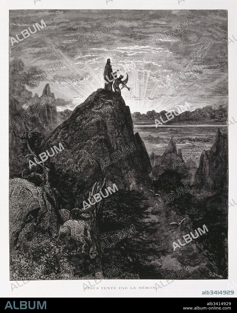 The temptation of Christ, Illustration from the Dore Bible 1866. In 1866, the French artist and illustrator Gustave Dore (1832–1883), published a series of 241 wood engravings for a new deluxe edition of the 1843 French translation of the Vulgate Bible, popularly known as the Bible de Tours. This new edition was known as La Grande Bible de Tours and its illustrations were immensely successful. The temptation of Christ is detailed in the Gospels of Matthew,[1] Mark[2] and Luke.[3] According to these texts, after being baptized by John the Baptist, Jesus fasted for forty days and nights in the Judean Desert. During this time, Satan appeared to Jesus and tried to tempt him.