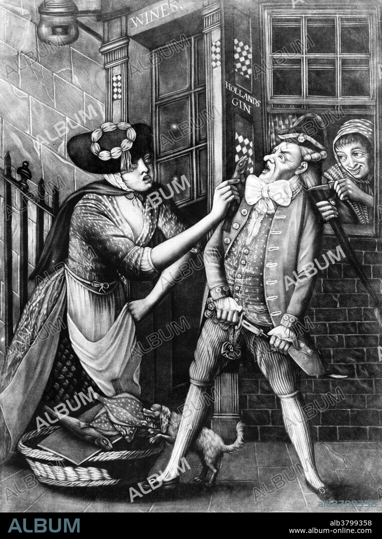 Entitled: "The enraged macaroni." Shows a woman fish vendor holding fish in face of dandy who is pulling knife from sheath, as another woman, in window behind him, cuts his hair. Macaroni (or maccaroni), from the Italian word, maccherone, which literally means a boorish fool, described the height, and often the extremes, of male fashion in the mid 1700's. Brought from the continent by young men on their Grand Tour, macaroni dress took the standard male wardrobe to absurd lengths. Coats were tight. Huge buttons decorated short waistcoats. Narrow, dainty shoes sported buckles almost larger than they were. And copious amounts of lace, ribbon, ruffles and whatever other outrageous decoration took the wearer's fancy trimmed the outfits, with everything in gaudy colors and showy fabrics like silks and satins. The most obvious feature of macaroni fashion was the wig. They were excessively elaborate and tall, and often crowned with a tiny hat that could be removed only with the point of a sword. Illustrated by Philip Dawe, 1773.