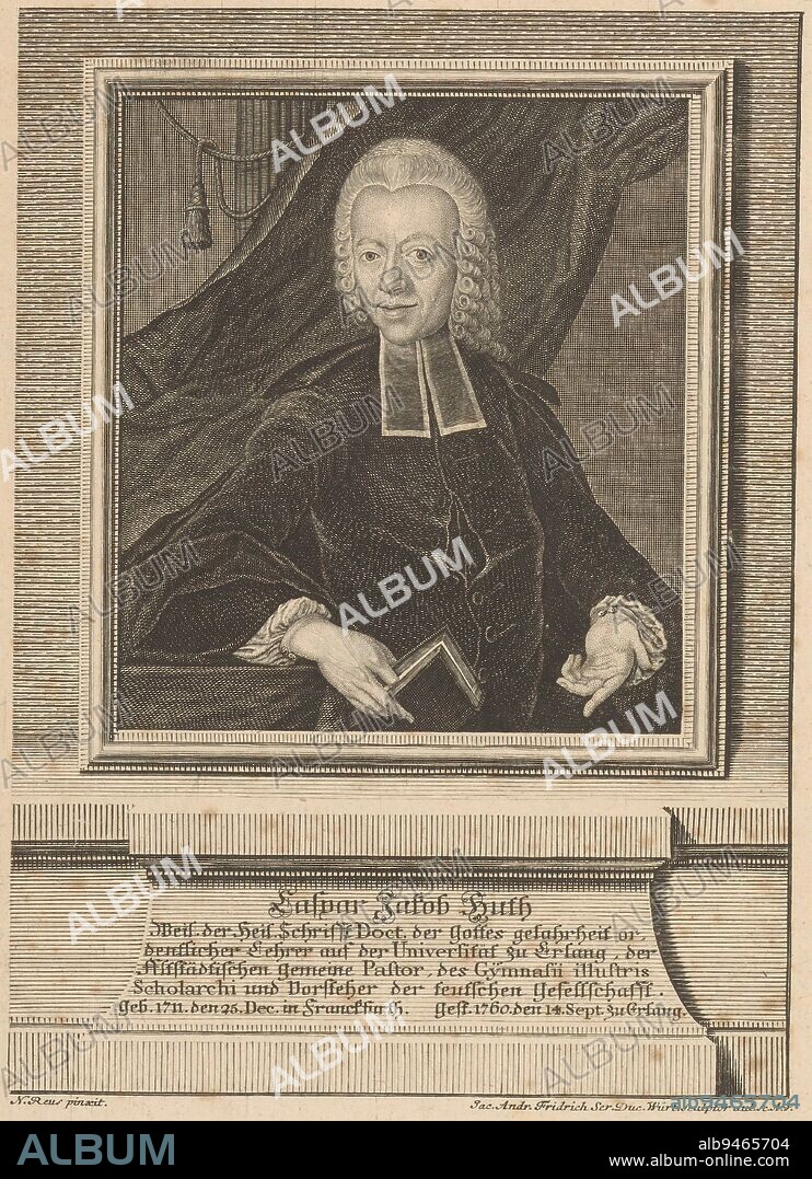Portrait of Caspar Jacob Huth, Jacob Andreas Fridrich (II), after N. Reus, 1760 - 1779, print maker: Jacob Andreas Fridrich (II), (mentioned on object), after: N. Reus, (mentioned on object), Augsburg, 1760 - 1779, paper, engraving, h 213 mm - w 156 mm.
