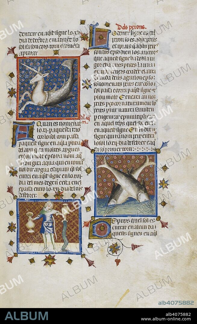 MATFRÃ© ERMENGAU OF BÃ©ZIERS and ST. CATALAN MASTER MARK. Capricorn, Aquarius, and Pisces . Breviari d'Amor (Catalan prose version). Spain, E. (Catalonia, Gerona?) last quarter of the 14th century. Miniature of Capricorn, as a unicorn with a fish's tail; miniature of Aquarius, as a youth holding two jars of water; miniature of Pisces, as two fish diving into water, in MatfrÃ© Ermengau of BÃ©ziers's Breviari d'Amour. Illustration attributed to the atelier of the Catalan Master of St Mark. Source: Yates Thompson 31 folio 48 r. Language: Spanish (Catalan), with some Hebrew.