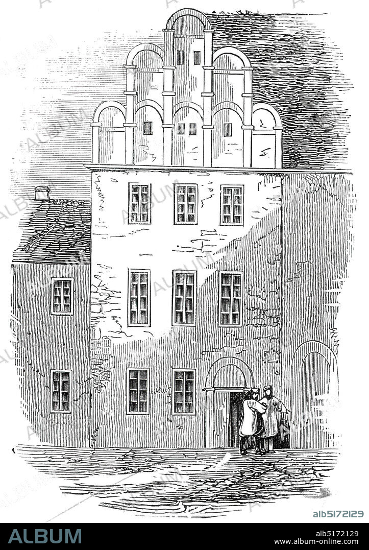Melancthon's House, at Wittenberg, 1845. The Melanchthonhaus, home of German theologian and Protestant reformer Philipp Melanchthon, at Wittenberg in Germany. It is a Renaissance building with late Gothic arched windows and the broad-tiered gables. From "Illustrated London News", 1845, Vol VII.