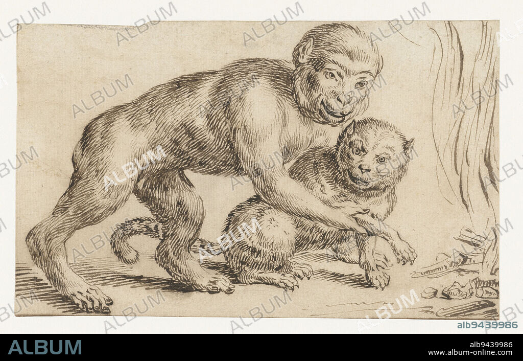 Monkey holding a cat's paw by the fire, anonymous, after Marcus Gheeraerts (I), 1567 - 1617, Marcus Gheeraerts (I), draughtsman: anonymous, 1567 - 1617, paper, pen, h 164 mm × w 225 mm.