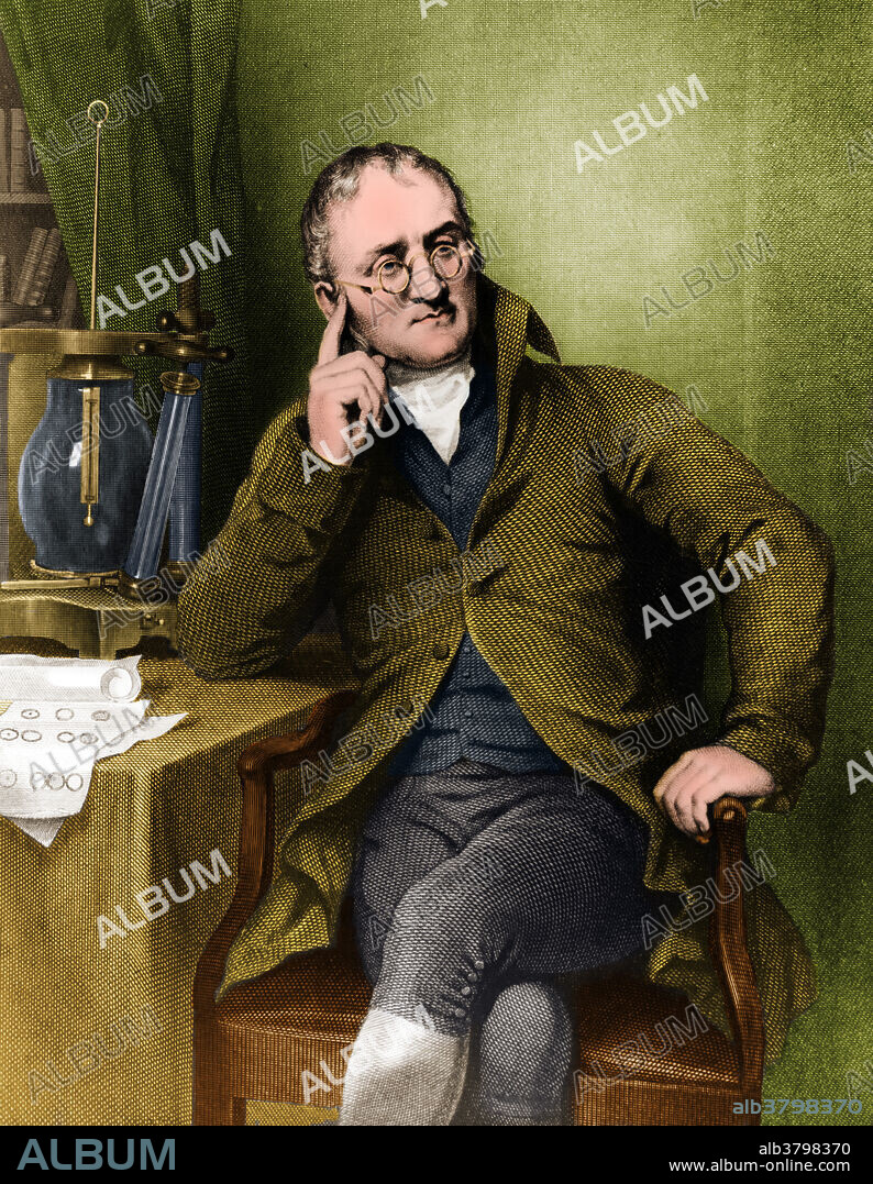 John Dalton (1766-1844), English chemist, meteorologist and physicist. Though he is best known for his pioneering work in the development of modern atomic theory he began a meteorological diary in 1787 in which he entered more than 200,000 observations. In the early 1800's he began his life's work culminating in his atomic theory that consists of five main points; 1) elements are made of extremely small particles called atoms, 2) atoms of a given element are identical in size, mass, and other properties, thus atoms of different elements differ in size, mass, and other properties, 3) atoms cannot be subdivided, created, or destroyed, 4) atoms of different elements combine in simple whole-number ratios to form chemical compounds, and 5) in chemical reactions, atoms are combined, separated, or rearranged.