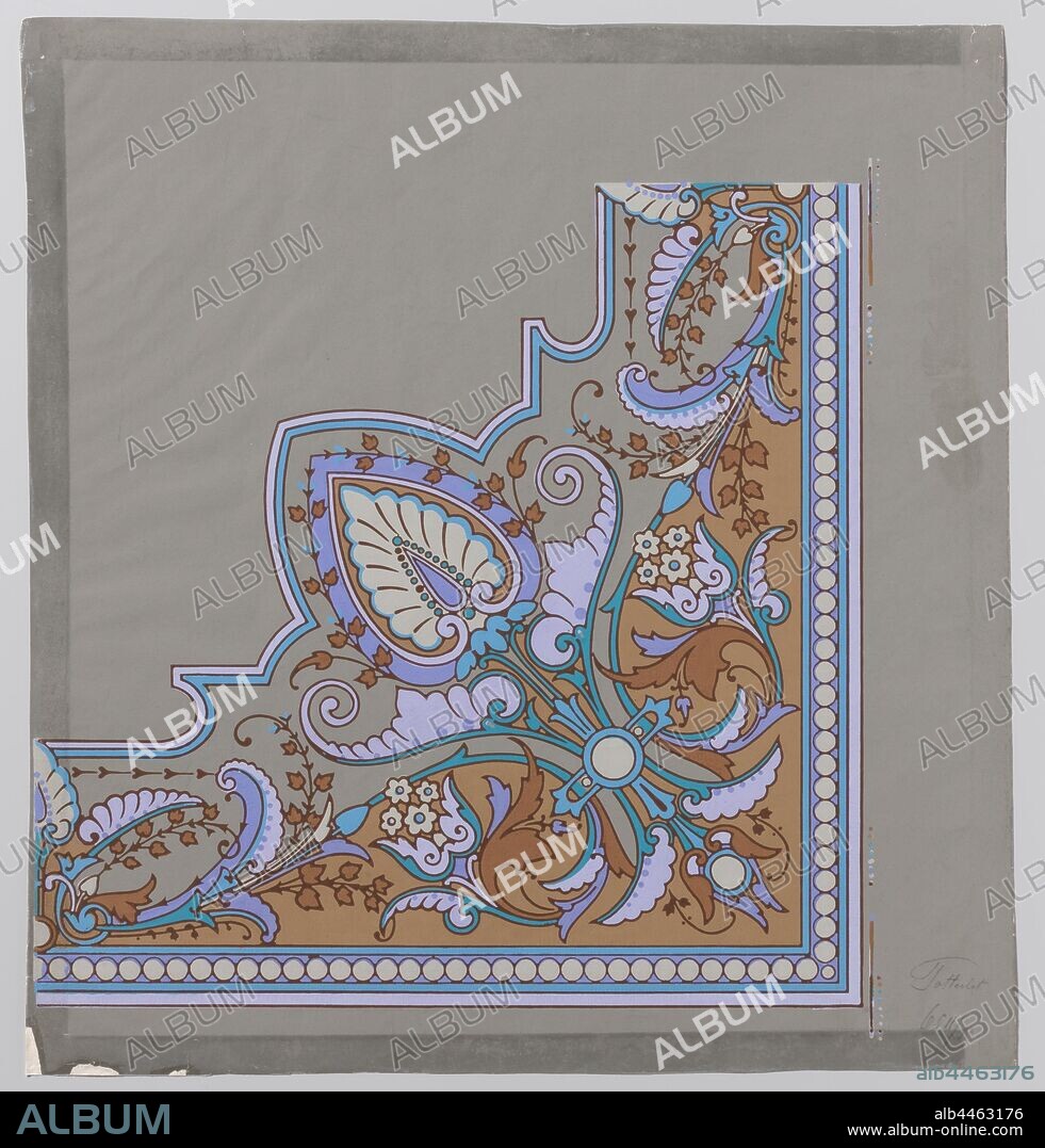 Paper wallpaper with a corner pattern of a pallet, Paper wallpaper with a corner pattern of a pallet in ten colors, by way of imitation of stained glass. Block print with a pattern on a matted stock., Jean Zuber &, Co., Rixheim, c. 1869 - c. 1870, paper, block printing (relief printing process), h 50.0 cm × w 48.0 cm.