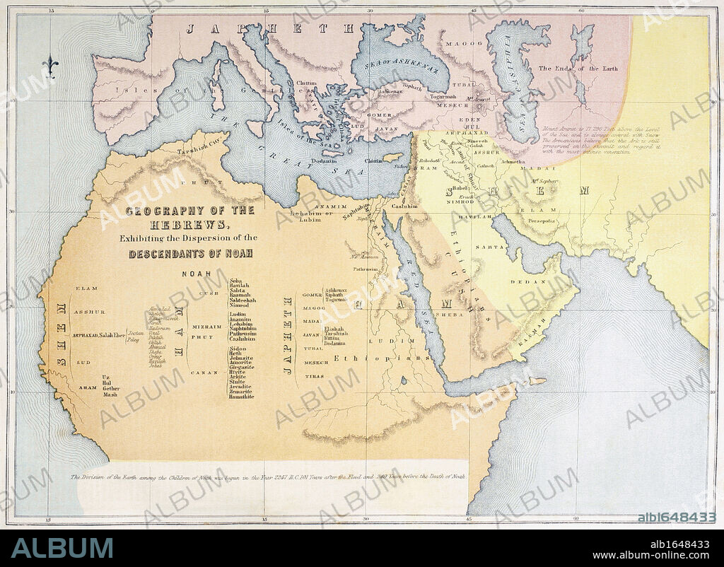 Map showing the Geography of the Hebrews and exhibiting the dispersion of the Descendants of Noah. From The Holy Bible published by William Collins, Sons, & Company in 1869.