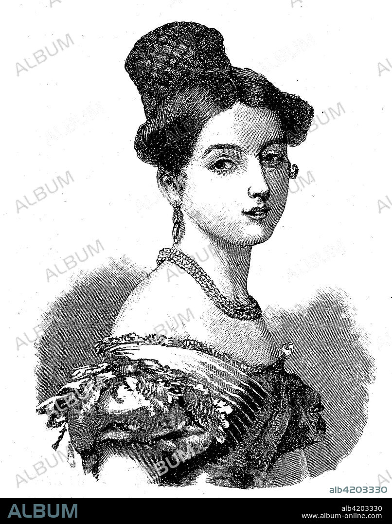 Queen Victoria on her accession to the throne in 1837 - Her Royal Highness Princess Alexandrina Victoria of Kent, May 24, 1819 - January 22, 1901, was Queen of the United Kingdom of Great Britain and Ireland from 1837 to 1901, digital improved reproduction of an original print from the 19th century.