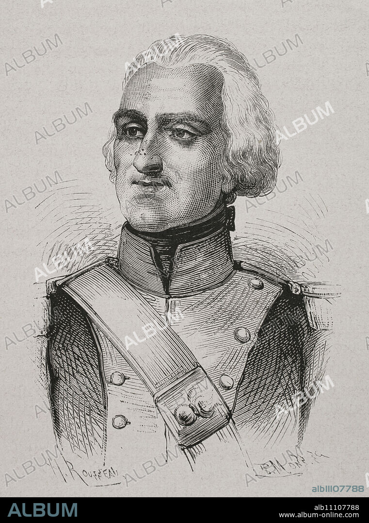 Théophile Corret de la Tour d'Auvergne (1743-1800). French military. Drawing by H. Rousseau. Portrait. Engraving. "History of the French Revolution". Volume I, 2nd part, 1879.