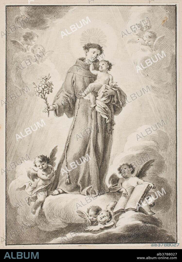 ANÓNIMO. Anónimo (Copia Maella, Mariano Salvador) / 'San Antonio de Padua'. Siglo XVIII. Aguada parda, Pluma sobre papel verjurado, amarillento, 135 x 96 mm.