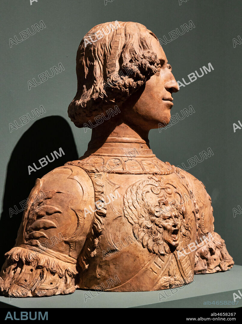 "Portrait of Giuliano di Piero de Medici", about 1475, by Andrea Del Verrocchio (1435-1488), terracotta bust which had been painted, with palm leaves and Gorgon head decorations.