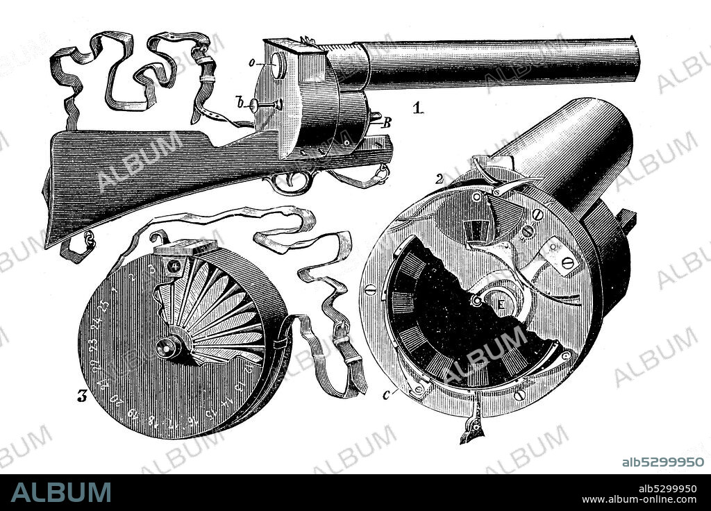 the chronophotographic rifle, photographic rifle, was invented by the French physiologist étienne-jules marey in 1883, which allowed the sighting and photographing of objects moved in space,   /  das chronophotographische gewehr, das photographische gewehr, wurde 1883 vom französischen physiologen étienne-jules marey erfunden und ermöglichte das sehen und fotografieren von im raum bewegten gegenständen, Historisch, digital improved reproduction of an original from the 19th century / digitale Reproduktion einer Originalvorlage aus dem 19. Jahrhundert.