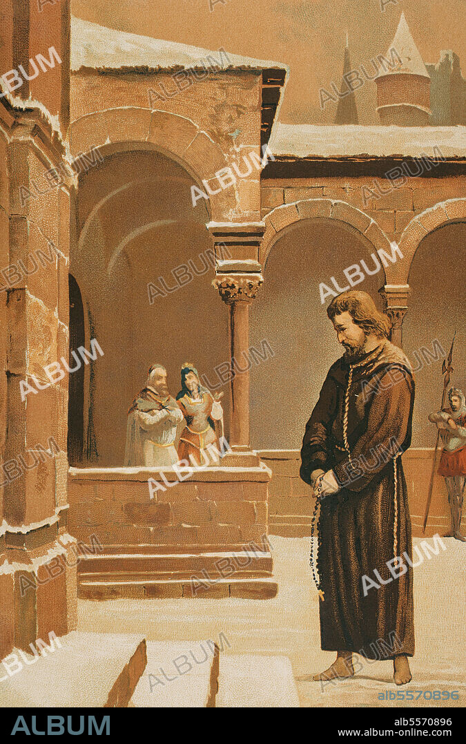 Henry IV (1050-1106). German king (1056-1105). Emperor of the Holy Roman Empire. Humiliation of Canossa (January 1077). Pope Gregory VII ordered Henry IV to present before him wearing the clothes of a penitent and barefoot, handing the crown to him, acknowledging that he was unworthy to wear it. After three days in the open, the Pope received him and absolved him, on condition that he would appear before the assembly of German princes, submitting any decision to the Pope's approval, and that he would not possess the authority and privileges of royal dignity. Penance of Henry IV. Chromolithography. "Historia Universal" (Universal History), by César Cantú. Volume V. Published in Barcelona, 1884.