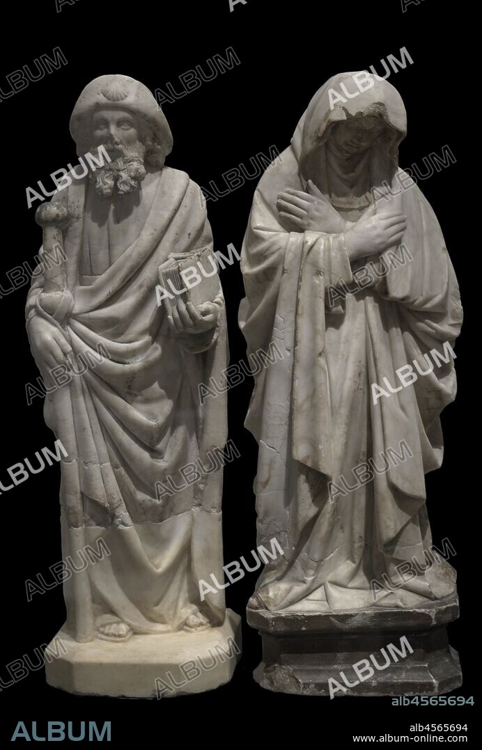 Esculturas de Santiago Peregrino y la Virgen María. Escuela española. Mediados del siglo XV. Alabastro y restos de policromía. Procedentes de un monumento funerario. Museo de las Peregrinaciones y de Santiago. Santiago de Compostela. Provincia de La Coruña. Galicia. España.