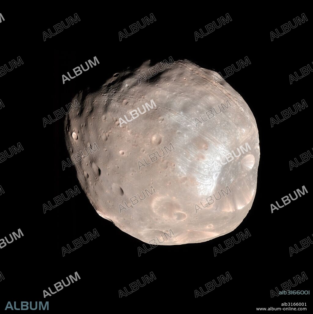 Enhanced-color image of Phobos from the Mars Reconnaissance Orbiter with Stickney crater on the right.