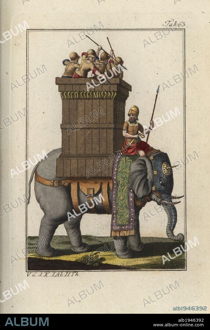Indian war elephant with soldiers and archers in a tower palanquin. Handcolored copperplate engraving from Robert von Spalart's "Historical Picture of the Costumes of the Principal People of Antiquity and of the Middle Ages" (1797).