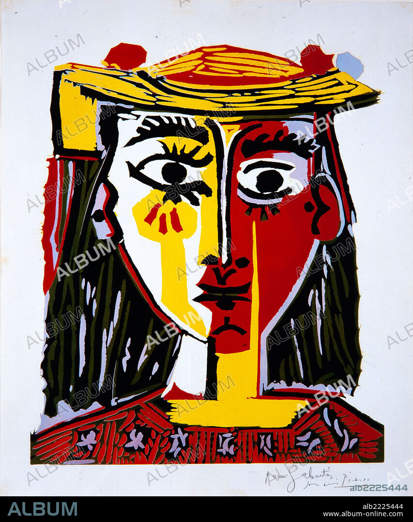 Pablo Picasso / 'Cabeza de mujer con sombrero', 1962, Grabado de linoleo coloreado, 63 x 53 cm.