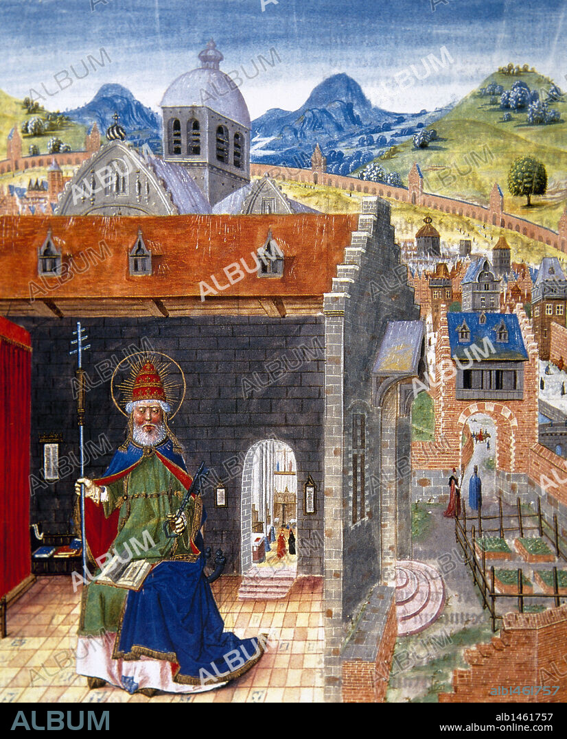 Liber Floridus (Book of Flowers). Medieval encyclopedia, 1090-1120 by Lambert, Canon of Saint-Omer. Miniature depicting Saint Peter and the city of Rome. Manuscript of the15th century. Conde Museum. Chateau of Chantilly. France.