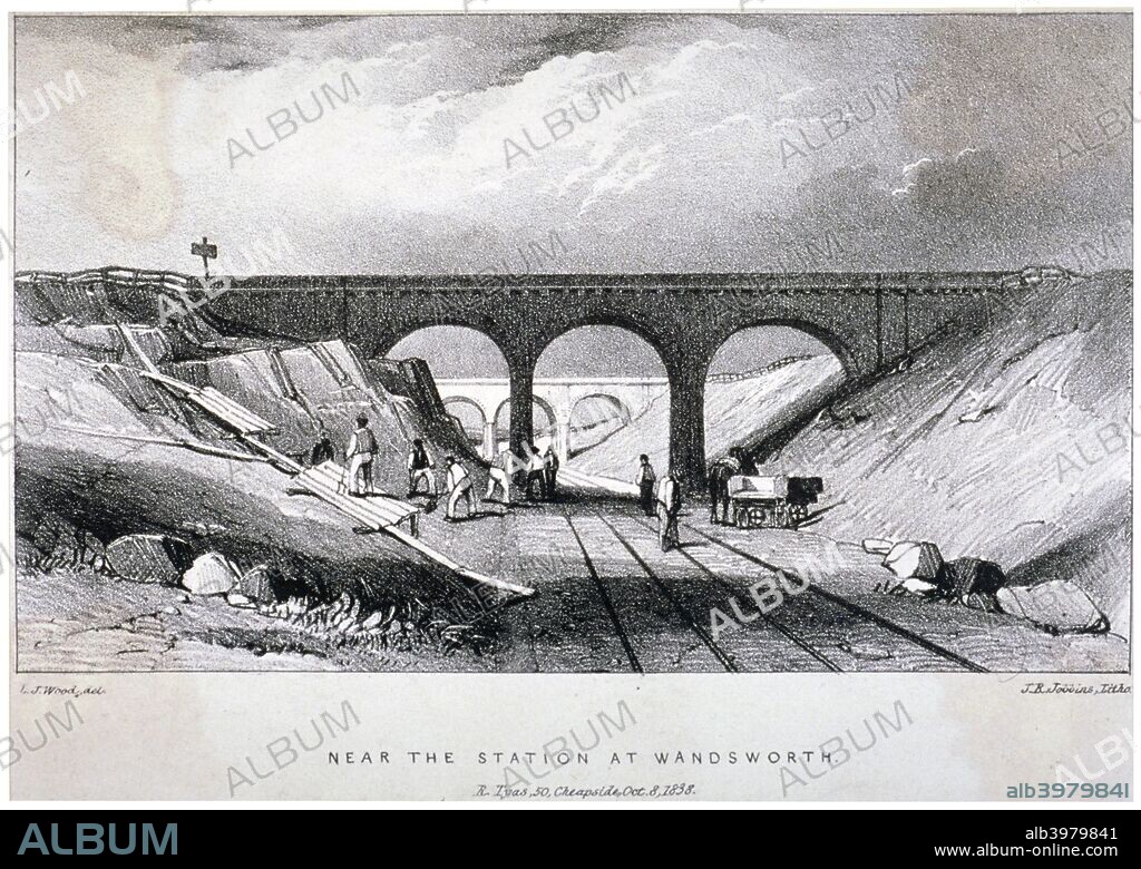 Railway line near Wandsworth Station, London, 1838. View showing navvies working on the line. Possibly the Surrey Iron Railway, a narrow guage railway that opened in 1805.