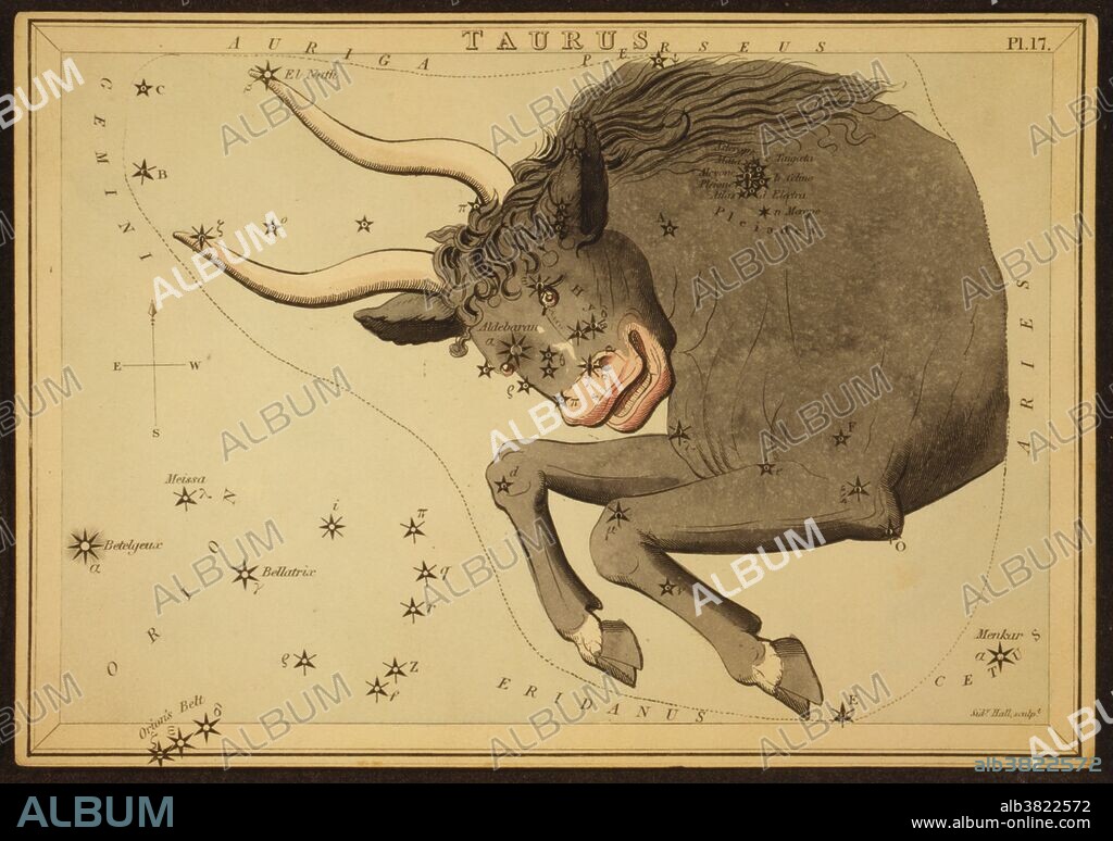 Astronomical chart showing the bull Taurus forming the constellation, also shows the Pleiades. Taurus is one of the constellations of the zodiac. Its name is a Latin word meaning bull. It is one of the 48 constellations described by the 2nd century astronomer Ptolemy, and remains one of the 88 modern constellations defined by the International Astronomical Union. Taurus is a large and prominent constellation in the northern hemisphere's winter sky. It is one of the oldest constellations, dating back to at least the Early Bronze Age when it marked the location of the Sun during the spring equinox. Taurus came to symbolize the bull in the mythologies of Ancient Babylon, Egypt and Greece. Taurus is the second astrological sign in the Zodiac. It spans the 30-60th degree of the zodiac, between 27.25 and 54.75 degree of celestial longitude, which the Sun transits this area on average between April 20 to May 20 each year. Urania's Mirror is a boxed set of 32 constellation cards first published by Samuel Leigh of the Strand, London, in or shortly before 1825. An unidentified lady, referred to by her nom-de-plume, Jehoshaphat Aspin, designed these whimsical astronomy cards. The engraver was Sidney Hall.