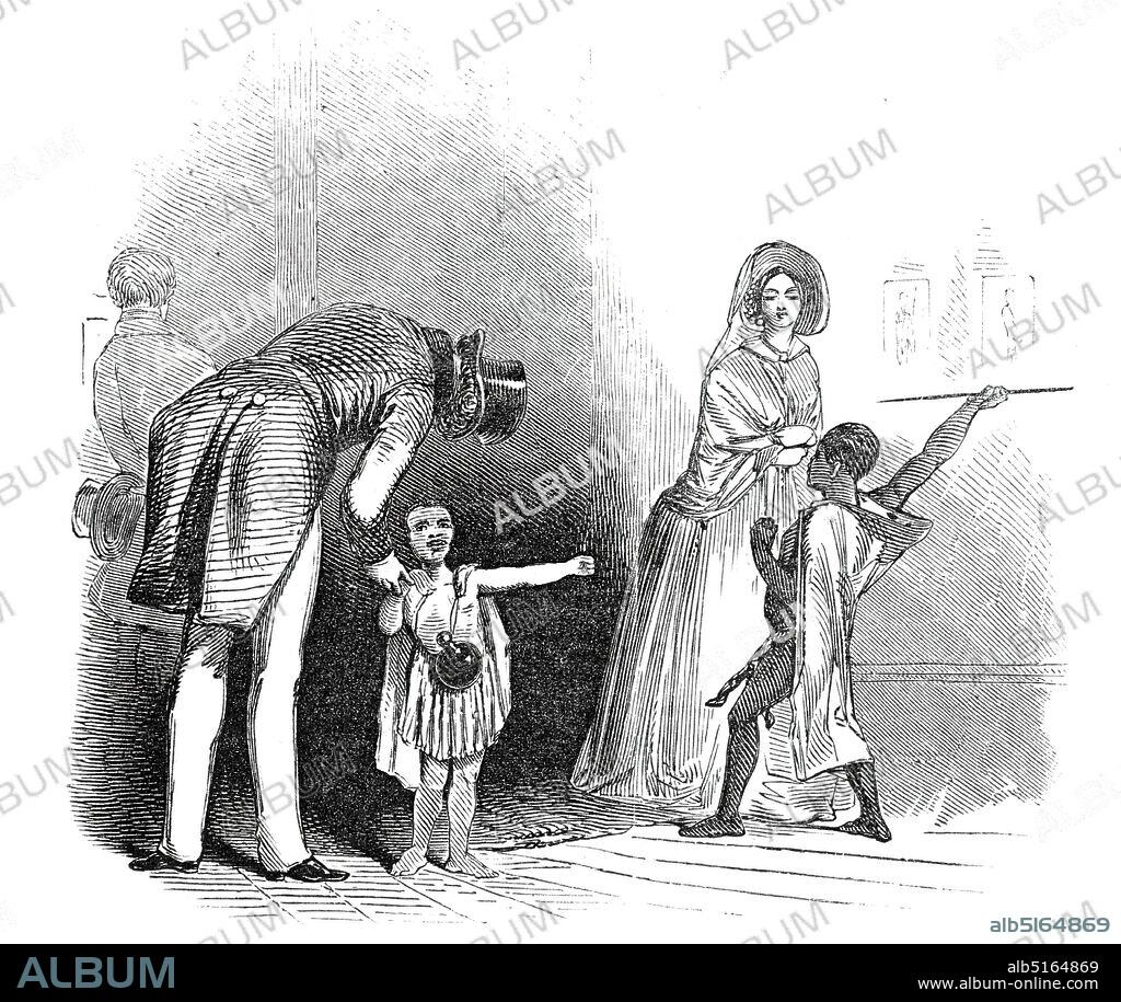 Bushman Children, Egyptian Hall, Piccadilly, 1845. San children being exhibited as curiosities in London. 'Two Bushmen...Children have lately been brought from the interior of Africa...the female is thirty two inches high, and eight years old; and the male only forty four inches in height, though nearly full grown, and sixteen years of age. They wear the dress of their tribe (Hottentots); they throw a spear, dance, &c; the Bushman, as a Corporal of the Army, goes through the Manual and Platoon Exercises; and the Bush girl appears as a Soldier's Wife; and their several feats are very amusing. Their parents are stated to have been murdered by Kaffirs, who pursue and exterminate the Bushman Tribe with unrelenting ferocity: they were rescued by a Dutch Trader...We hope they may here receive many visitors...to the Ethnographers, in a scientific point of view, these specimens of a "pigmy race" maybe especially interesting'. From "Illustrated London News", 1845, Vol VII.
