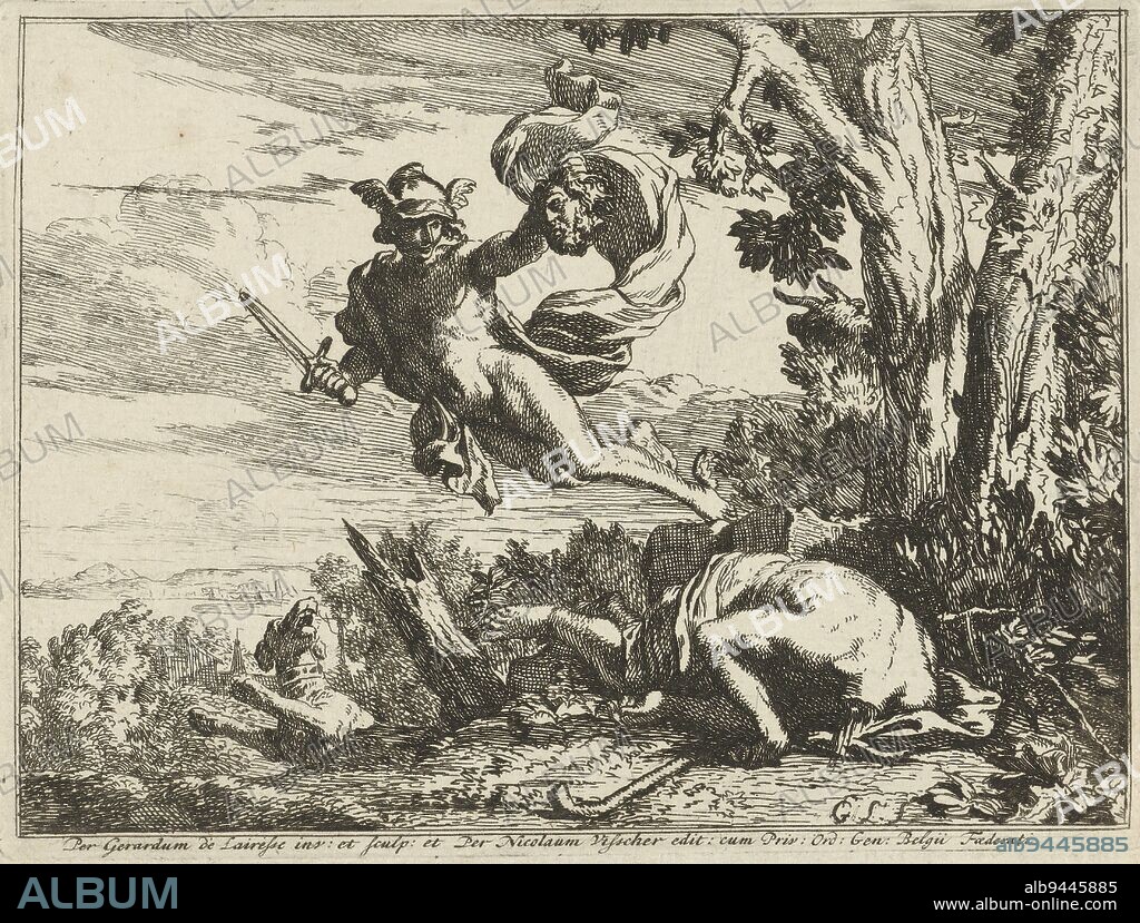 Mercury beheaded Argus after playing him to sleep with his shepherd's flute. With the severed head in one hand and the sword in the other, Mercury hovers above Argus' lifeless body. On the ground, a dog barks after Mercury. The print is one of a four-part series of prints depicting scenes from the mythological story of Argus, Mercury with the severed head of Argus History of Argus , print maker: Gerard de Lairesse, (mentioned on object), Gerard de Lairesse, (mentioned on object), publisher: Nicolaes Visscher (I), (mentioned on object), Amsterdam, 1670 - 1672, paper, etching, h 113 mm × w 152 mm.