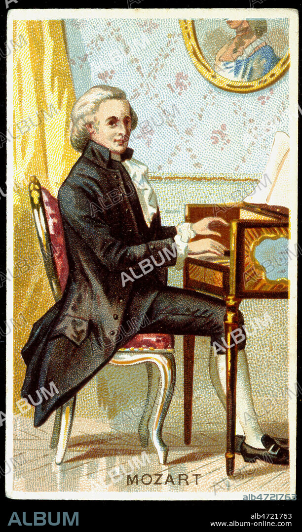 Wolfgang Amadeus MOZART (1756-1791) au clavecin. Chromo anonyme vers 1910. Credit : Coll. Jonas/KHARBINE-TAPABOR.