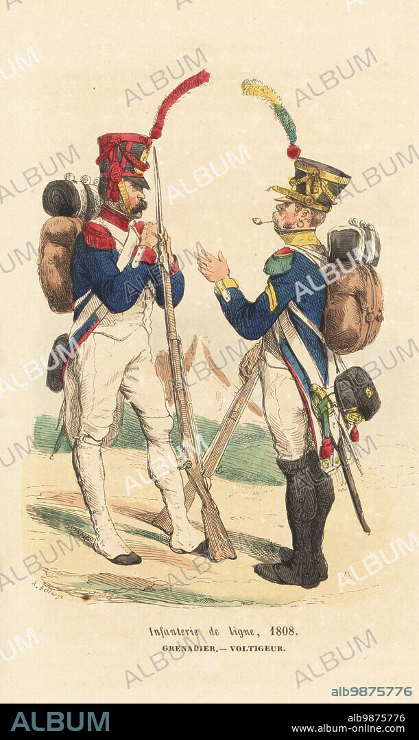 Uniforms of grenadier and skirmisher, French Line Infantry, 1808. Both in plumed shako, blue coat with epaulettes, breeches and gaiters, armed with musket and sword. Grenadier et Voltigeur, Infanterie de ligne, 1808. Handcoloured woodcut by Andrew Best Leloir after an illustration by Hippolyte Bellangé from P.M. Laurent de lArdeches Histoire de Napoleon, Paris, 1840.