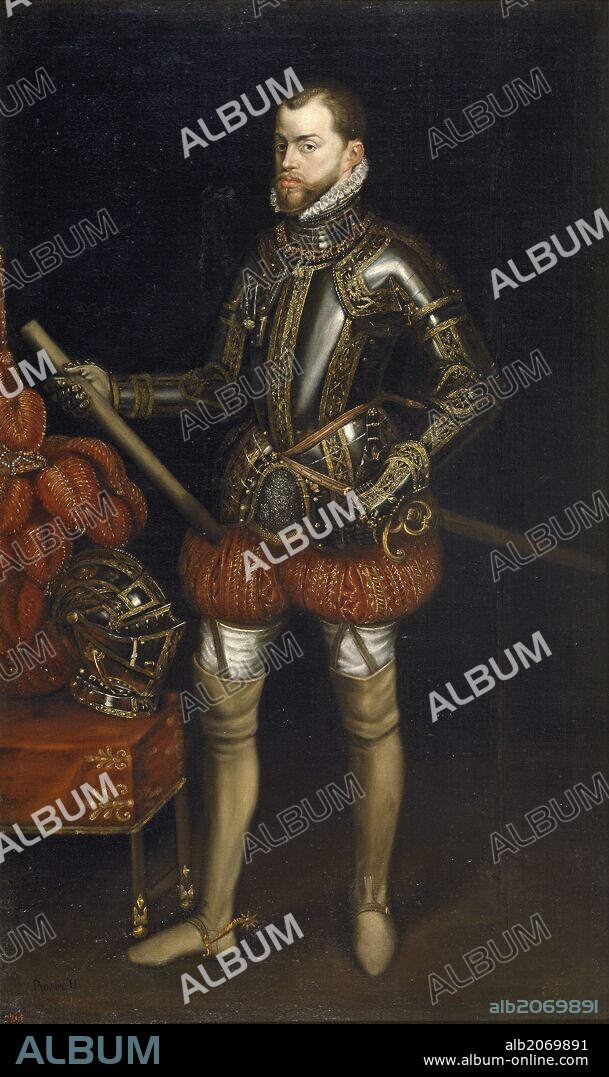 ANÓNIMO. Anónimo / 'Felipe II, con la armadura de San Quintín', Primera mitad del siglo XVII, Escuela Española, Óleo sobre Lienzo, 207 cm x 123 cm, P06083.