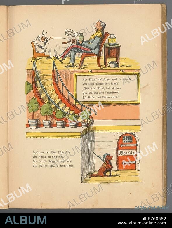 Geschichte / Erster Weltkrieg / Propaganda. "Die Geschichte vom bösen Nikolai. (...) Vor Schreck und Ärger ward er schwach, / Der kluge Doktor aber sprach (...) ". (Antirussische Kariatur: Großfürst Nikolai Nikolajewitsch, Oberbefehlshaber der russischen Streitkräfte im Ersten Weltkrieg, in der Rolle des "Bösen Friederich"; Generalfeldmarschall Paul von Hindernburg in der Rolle des Doktors). Farbdruck nach Zeichnung von Karl Ewald Olszewski (1884-1965). Aus: Karl Ewald Olszewski, Der Kriegs-Struwwelpeter. Lustige Bilder und Verse, München (Holbein-Verlag) Verlag) 1915, Bl. 5 (Freie Bearbeitung der Verse und Bilder des Kinderbuches "Der Struwwelpeter" von Heinrich Hoffmann von 1847). Privatsammlung.