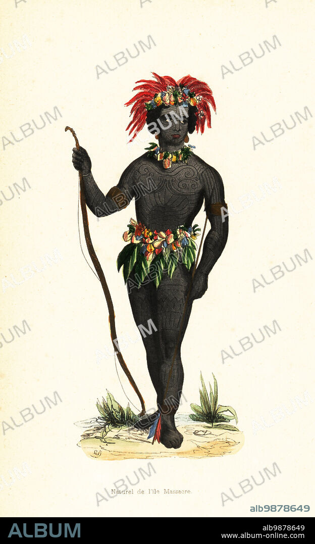 Tuluun warrior of the Carteret Islands, Papua New Guinea. He is tattooed all over his face and body, wears a feather headdress, necklace and anklets and a grass skirt. He carries a bow and arrow. Called the Massacre Islands by Benjamin Morrell. Naturel de lIle Massacre. Handcoloured woodcut by L. Lisbet from Auguste Wahlen's Moeurs, Usages et Costumes de tous les Peuples du Monde, (Manners, Customs and Costumes of all the People of the World) Librairie Historique-Artistique, Brussels, 1845.