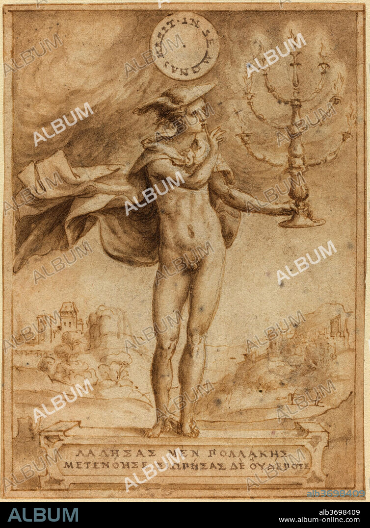 GIULIO BONASONE. Study for Harpocrates (Silentio Deum Cole). Dimensions: Overall: 12 x 8.7 cm (4 3/4 x 3 7/16 in.)  support: 21 x 16.7 cm (8 1/4 x 6 9/16 in.). Medium: pen and brown ink with wash.