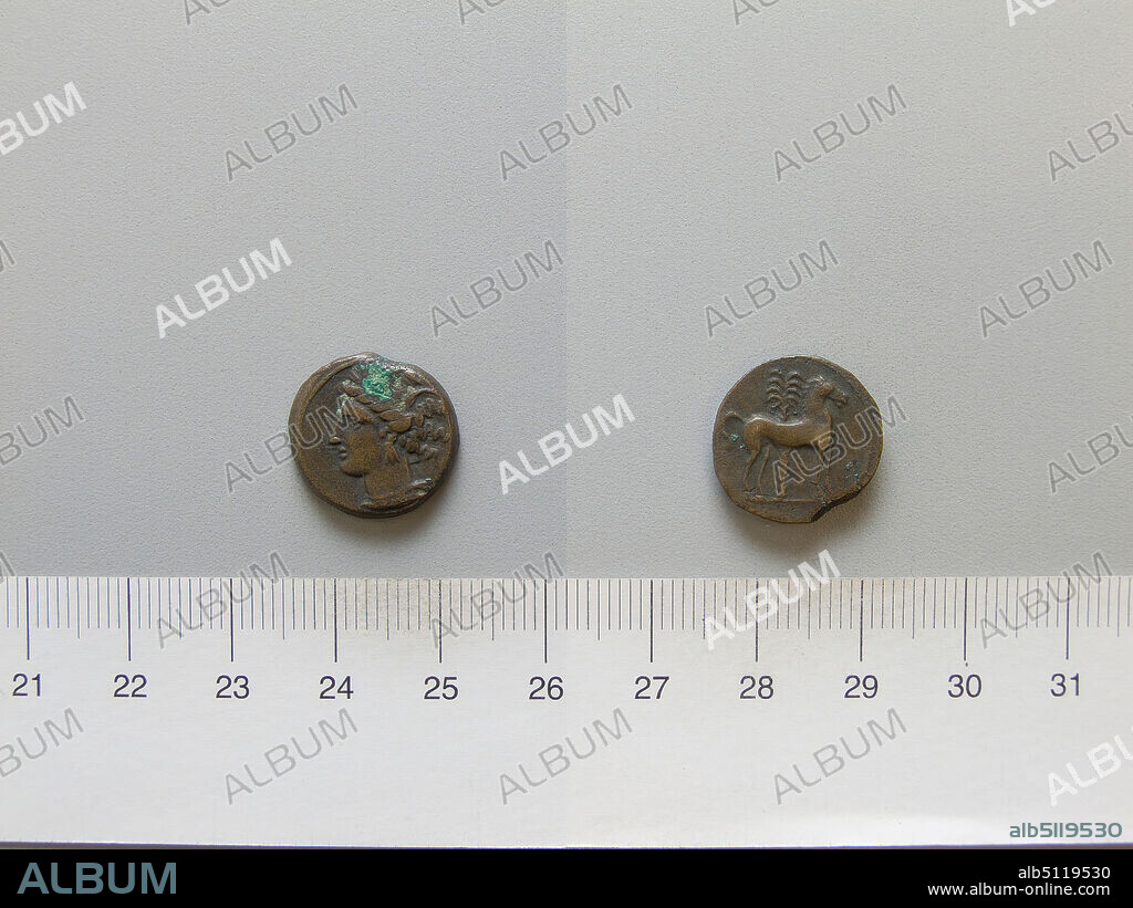 Mint: Carthage, 1/2 Shekel from Carthage, 299201 B.C., Bronze, 3.50 g, 6:00, 16.3 mm, Made in Carthage, Zeugitana, Punic, 3rd century B.C., Numismatics.