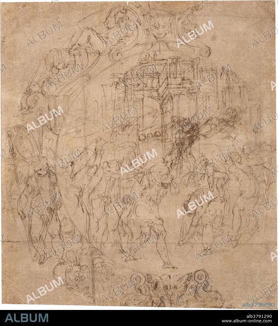 Battista Franco / 'Design for a Majolica Plate [The Rape of Helen (?)]'. Mid-XVIcentury. Pencil, Pencil ground, Grey-brown ink on yellow paper.
