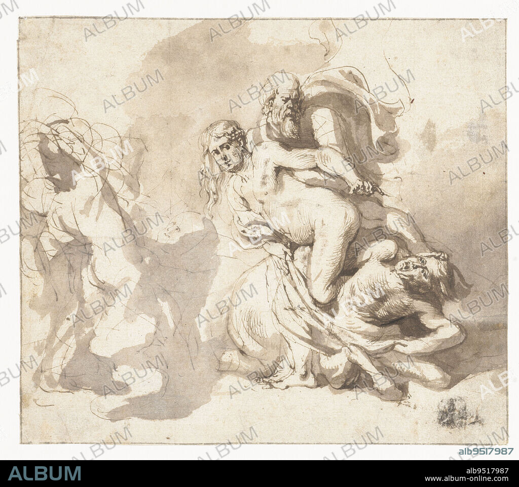 Battle between Lapiths and Centaurs, Peter Paul Rubens, 1608 - 1610, Hercules frees Deïanira from the hands of Nessus / Hippodamea frees from her captor Eurytion., draughtsman: Peter Paul Rubens, draughtsman: Anthony van Dyck, (rejected attribution), 1608 - 1610, paper, pen, brush, h 159 mm × w 182 mm.