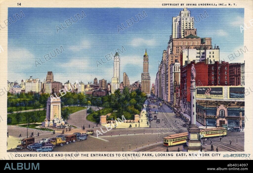 Columbus Circle and one of the entrances to Central Park, New York City, New York, USA, 1933. Vintage linen postcard showing Columbus Circle and one of the entrances to Central Park looking east. The New York skyline, and the Sherry, Netherlands and Pierre hotels are visible in the background. Columbus Circle is a trafic circle laid out by William P Eno in 1905. At its centre is a monument designed by Italian sculptor Gaetano Russo which was erected in 1892 to commemorate the 400th anniversary of Christopher Columbus' discovery of America.