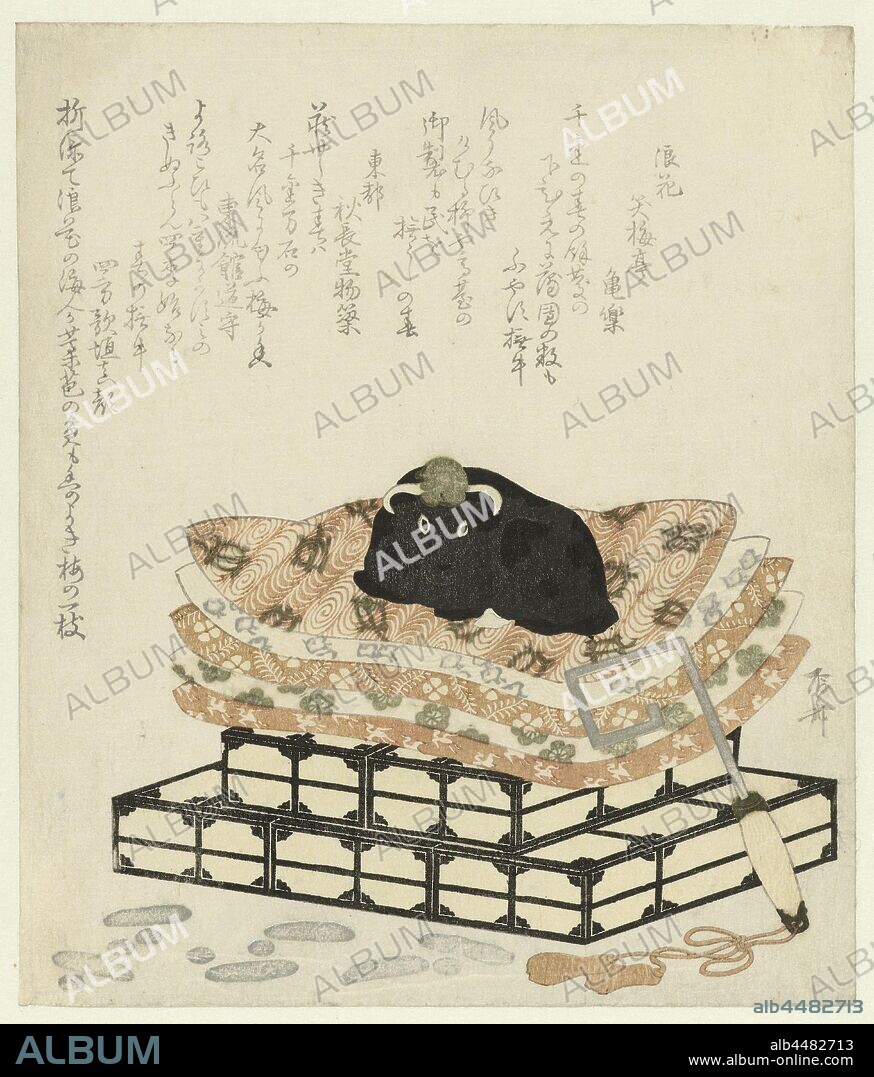 Statuette of an ox, A statuette in black stone of a lying ox (nadeushi) on a pile of pillows on two boxes. Large and small silver coins lie on the floor, the large coins indicate the long months of the ox's new year, the small coins the short months. Merchants often had a statue of an ox as a talisman. By stroking it daily, they hoped for the fulfillment of their wishes. When this actually happened, an extra pillow was placed under the statue. With four poems, ox, Ryûryûkyo Shinsai (mentioned on object), Japan, 1817, paper, colour woodcut, h 207 mm × w 176 mm.