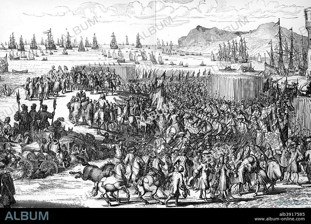 Arrival of William of Orange in England, 15-16 November 1688, (1903). A protestant, William of Orange (1650-1702) was invited by a conspiracy of English notables to depose the Catholic James II and assume the throne in his stead. The invasion, which was virtually bloodless, was successful and became known as the 'Glorious Revolution'. James fled to France and the Prince of Orange was crowned William III of Great Britain and Ireland on 11 April 1689. He co-ruled with his wife Mary II from 1689, continuing as sole ruler after her death in 1694. A print from The World's History, A Survey of Man's Record, by Dr HF Helmolt, Volume II, William Heinemann, London, 1903.