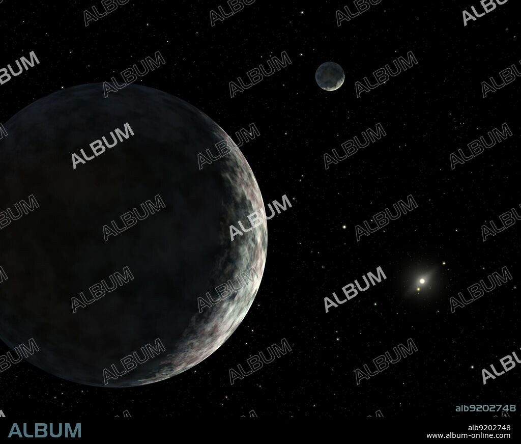 Artist's conception of the dwarf planet Eris and its moon Dysnomia. The sun is the small star in the distance. Named after the Greek goddess of conflict, the icy dwarf planet Eris has rattled the general model of our solar system. The object was discovered in the outer reaches of the Kuiper belt in 2005. Its detection provoked debate about Pluto's classification as a planet. Eris is slightly larger than Pluto. So if Pluto qualified as a full-fledged planet, then Eris certainly should too. Astronomers attending the International Astronomical Union meeting in 2006 worked to settle this dilemma, and in the end, Pluto was demoted and reclassified as a dwarf planet along with Eris and the asteroid Ceres, the most massive member of the asteroid belt.