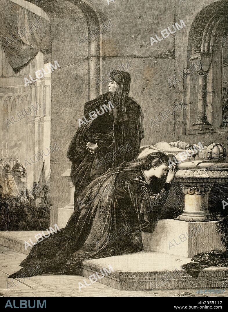 La reina María I de Hungría (1371-1395) y su madre la reina consorte de Hungría Isabel de Bosnia (1339-1387) lloran ante la tumba de su padre y esposo respectivamente, Luís I de Hungría 1326-1382). Grabado según el cuadro de A. Liezen-Mayer. Siglo XIX.