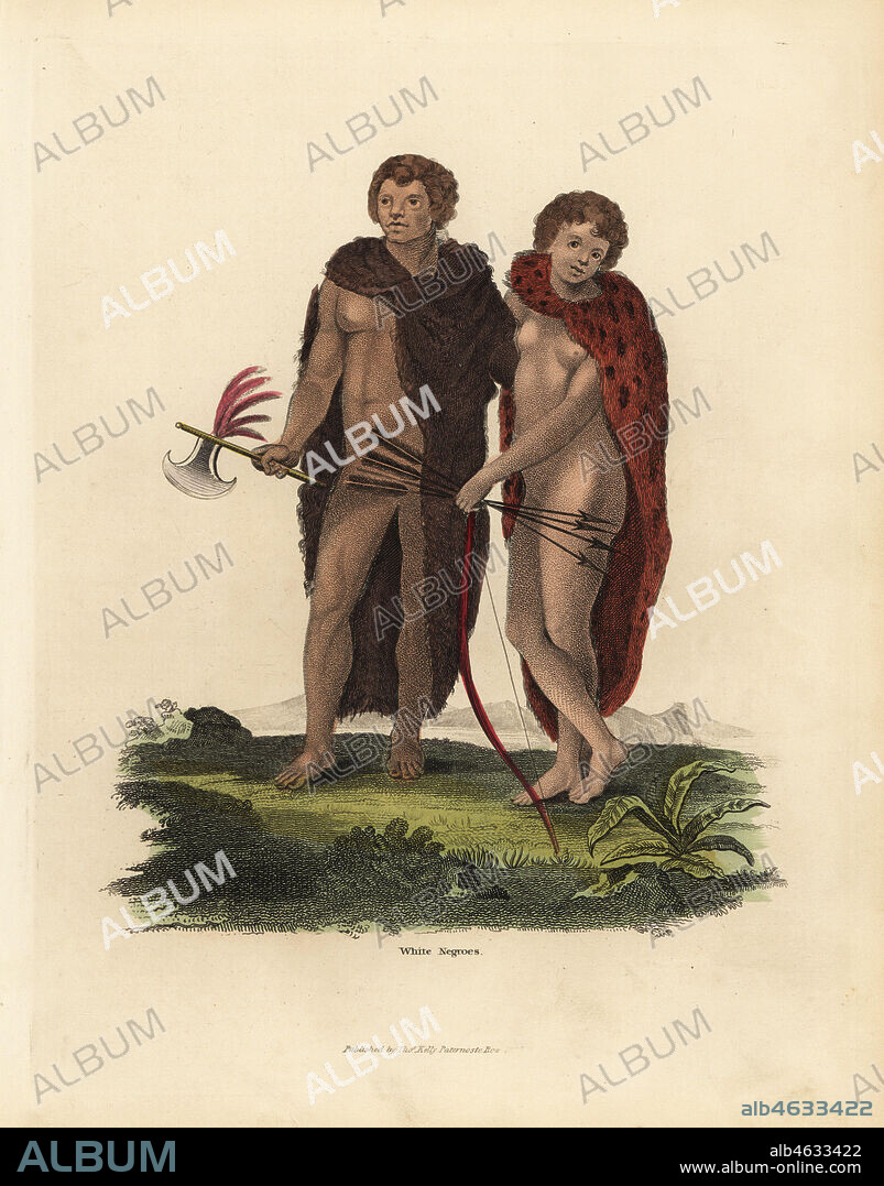 Albino African man and woman with axe, bow and arrows. White Negroes. Handcoloured copperplate engraving from William Smellies translation of Count Georges Buffons History of the Earth and Animated Nature, Thomas Kelly, London, 1829.
