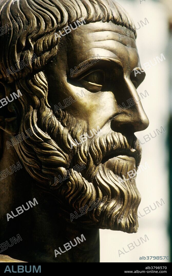 Sculpture of Pythagoras, Samos, Greece. The Ancient Greek philosopher and mathematician Pythagoras (c.580-500 BC) is most famous for the mathematical proof, concerning triangles, that is named after him. The movement that he founded was one of the first to discover the important mathematical concept of irrational numbers. They realized that the square root of two cannot be represented as a fraction of two whole numbers. Much of Pythagoras' life is shrouded in myth and legend. He established an eccentric religious community in southern Italy based on the mystical belief that "all is number.".