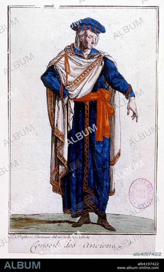 Illustration depicting the uniform of a member of the Directoire, Directory, or Directorate, a five-member committee which governed France from 1795, when it replaced the Committee of Public Safety. On 9 November 1799, it was overthrown by Napoleon Bonaparte in the Coup of 18 Brumaire and replaced by the French Consulate. It gave its name to the final four years of the French Revolution.