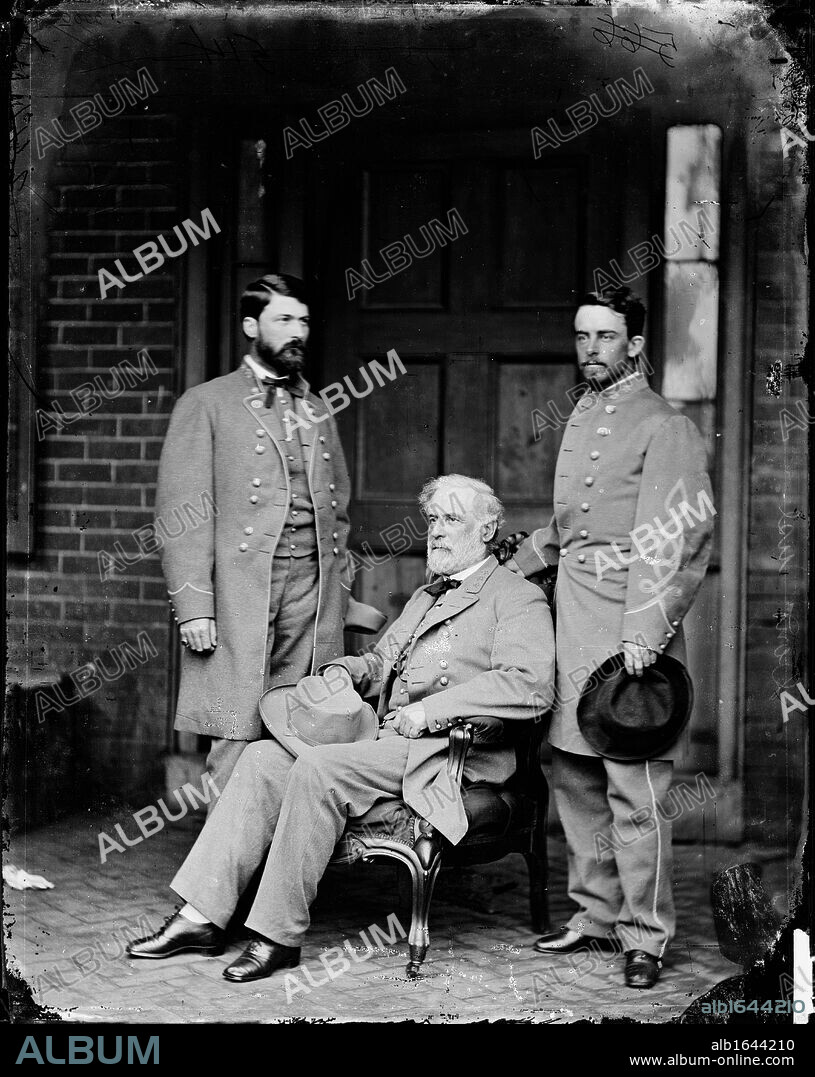 General Robert E Lee, centre, between his son George Washington Lee, left, and Colonel Walter Taylor, his aide-de-camp during the American Civil War 1861-1865, shortly after signing of the Confederate surrender.