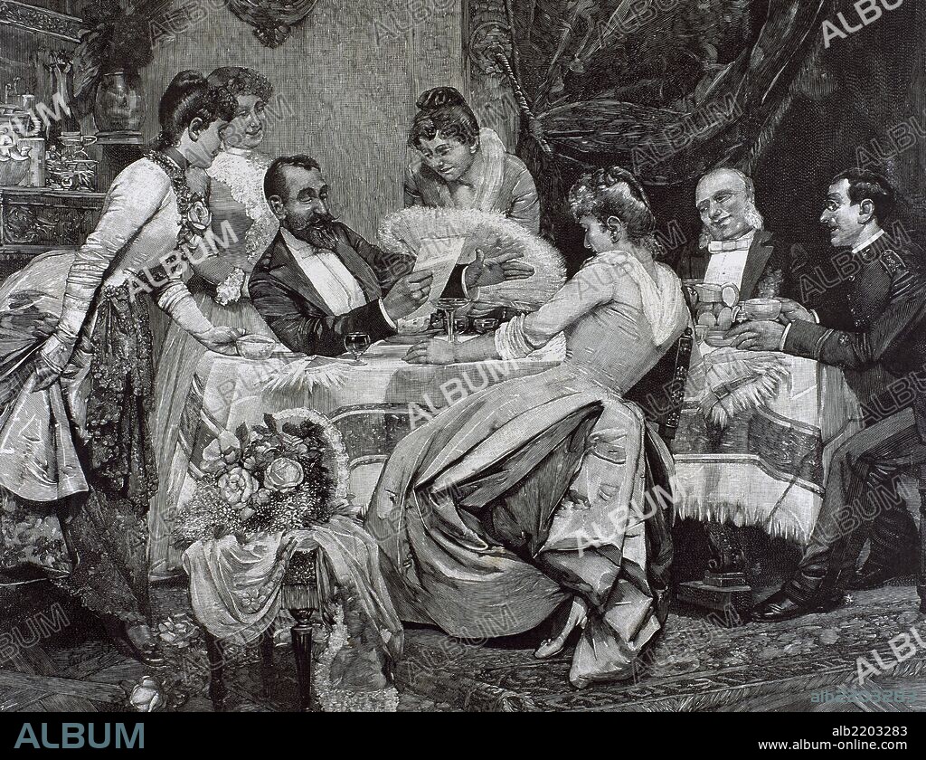 Familia burguesa reunida en la mesa para la lectura de una carta. Grabado del año 1890.
