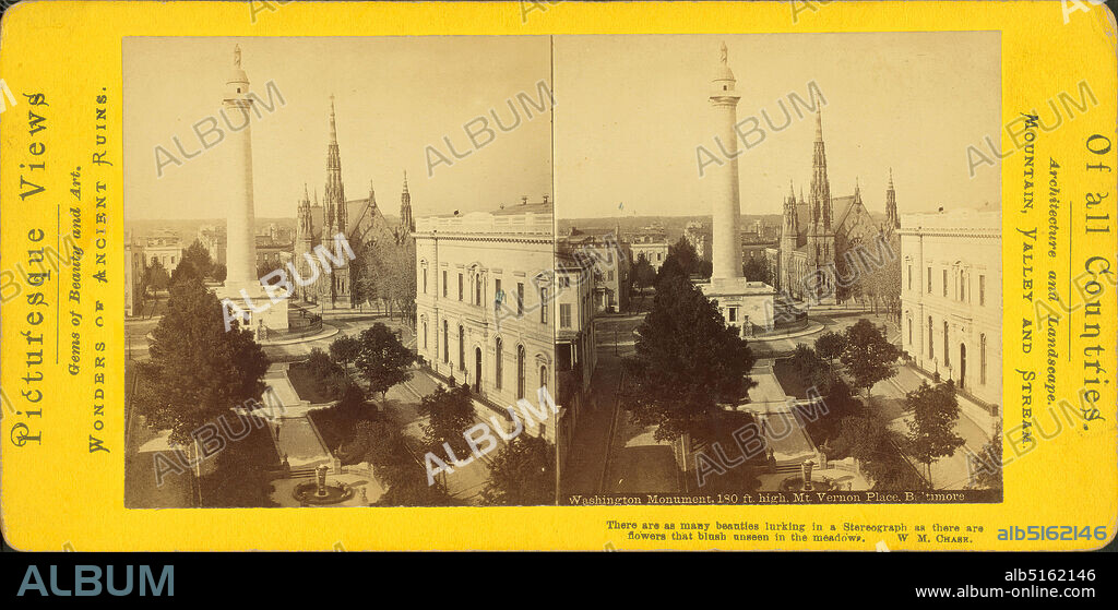 Washington Monument, 180 feet high. Mt. Vernon on east chunk, Peabody Institution on the right., still image, Stereographs, 1850 - 1930, Chase, W. M. (William M.) (ca. 1818-1901).