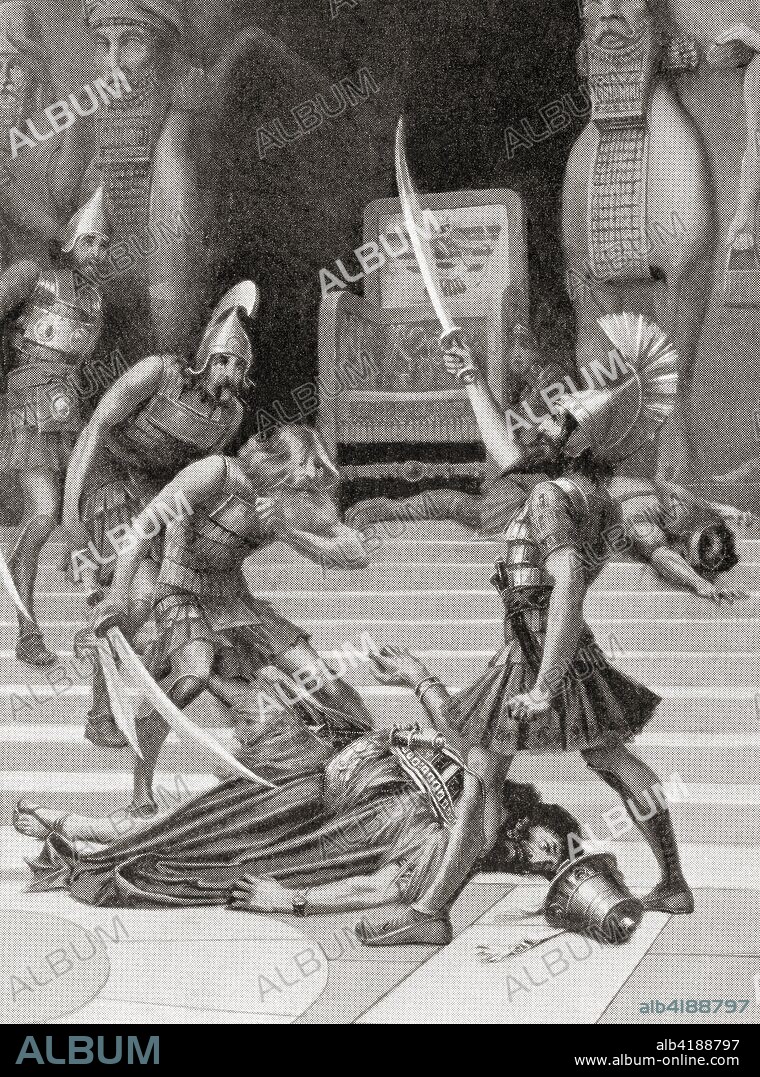 The death of Belshazzar, 539 BC.  Belshazzar, eldest son of Nabonidus, the last king of the Neo-Babylonian empire.  From Hutchinson's History of the Nations, published 1915.
