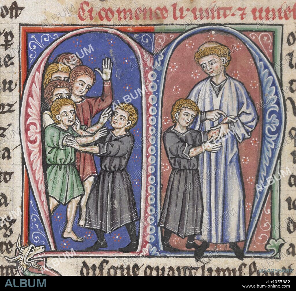 Baldwin IV and William of Tyre. History of the Crusades. France; between 1250 and 1259. [Miniature only] Book XXI. Initial 'M'. Baldwin [later Baldwin IV, King of Jerusalem], in dark robe, fighting with another boy; both have bleeding arms, and are encouraged by others behind them. Opposite, Baldwin shows his bleeding arms to a cleric, William, then Archdeacon of Tyre, who discovered from the fact that the wounds did not hurt the boy, that he had leprosy  Image taken from History of the Crusades.  Originally published/produced in France; between 1250 and 1259. . Source: Yates Thompson 12, f.152v. Language: French.