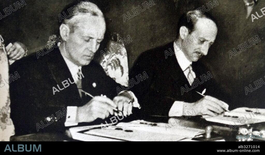 Photographic print showing Joachim von Ribbentrop (1893-1946) Foreign Minister of Nazi Germany, and Georges Bonnet (1889-1973) leading figure in the Radical Party, signing the Munich Agreement. Dated 20th Century.