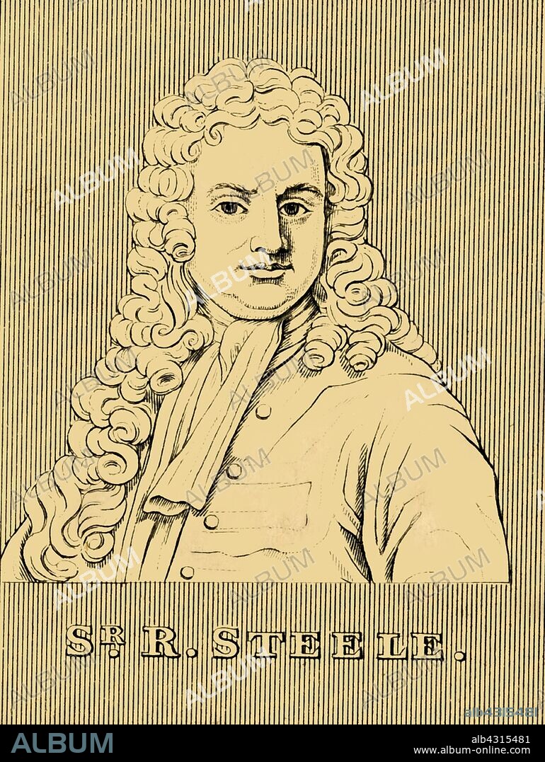 'Sir. R. Steele', (1672-1729), 1830. Sir Richard Steele (1672-1729) Irish writer, playwright, and politician, educated at Charterhouse, Christ Church and Merton Colleges, Oxford, a whig politician knighted by George I, remembered as co-founder with his friend Joseph Addison, of The Tatler. From "Biographical Illustrations", by Alfred Howard. [Thomas Tegg, R. Griffin and Co., J. Cumming, London, Glasgow and Dublin, 1830].