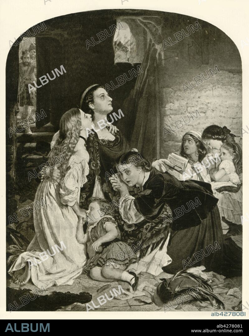 'In Memoriam - The Relief of Lucknow', 1858, (1901). The siege of Lucknow was one of the major engagements of the uprising against British rule in India which began in 1857. The city was besieged by mutineers for 87 days from the outbreak of the mutiny until a British force arrived on 25th November 1857. Here British women and children and their faithful Indian ayah are about to be rescued by soldiers from a Scots regiment. Engraving after the painting of 1858, 'In Memoriam: Henry Havelock'. From "The Life and Deeds of Earl Roberts, Vol. I. - To The End of the Indian Mutiny", by J. Maclaren Cobban. [T. C. & E. C. Jack, Edinburgh, 1901].